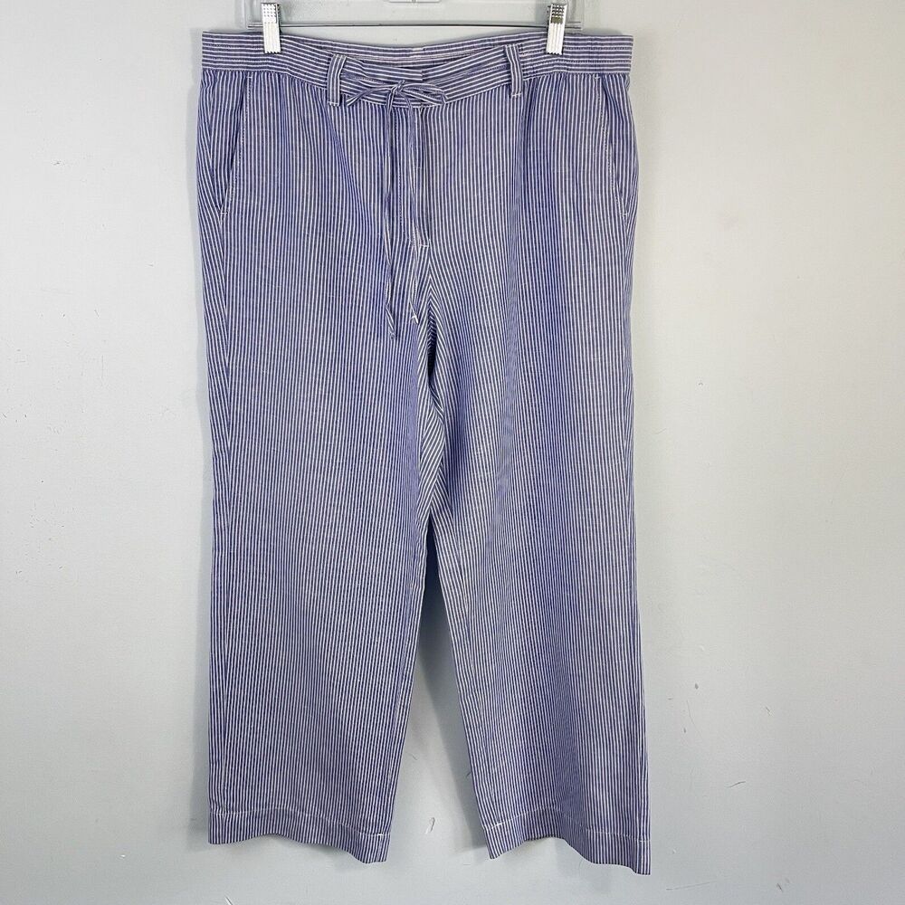 Talbots The Easy Linen Blend Wide Leg Pants 12 Drawstring Coastal Striped Summer